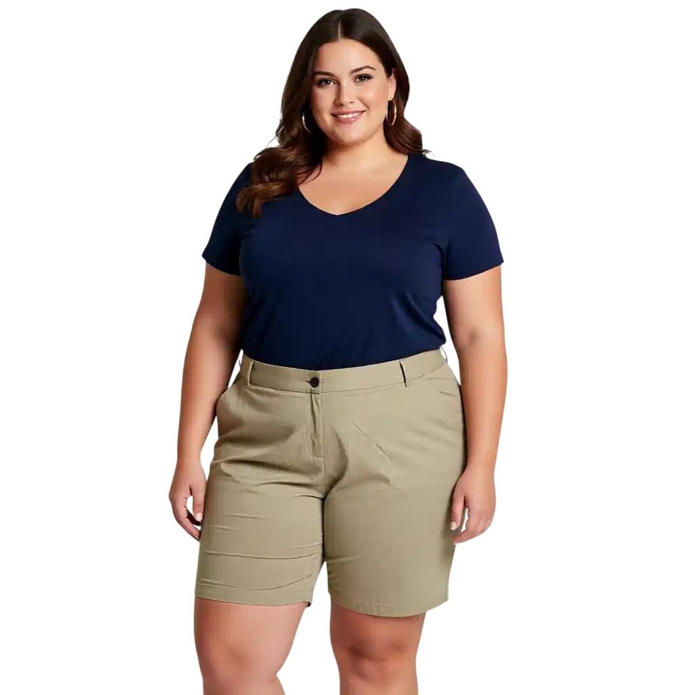 C.J. Banks Women 20W Khaki Chino Shorts Tan Stretch Cotton 11 Inch Inseam NWT